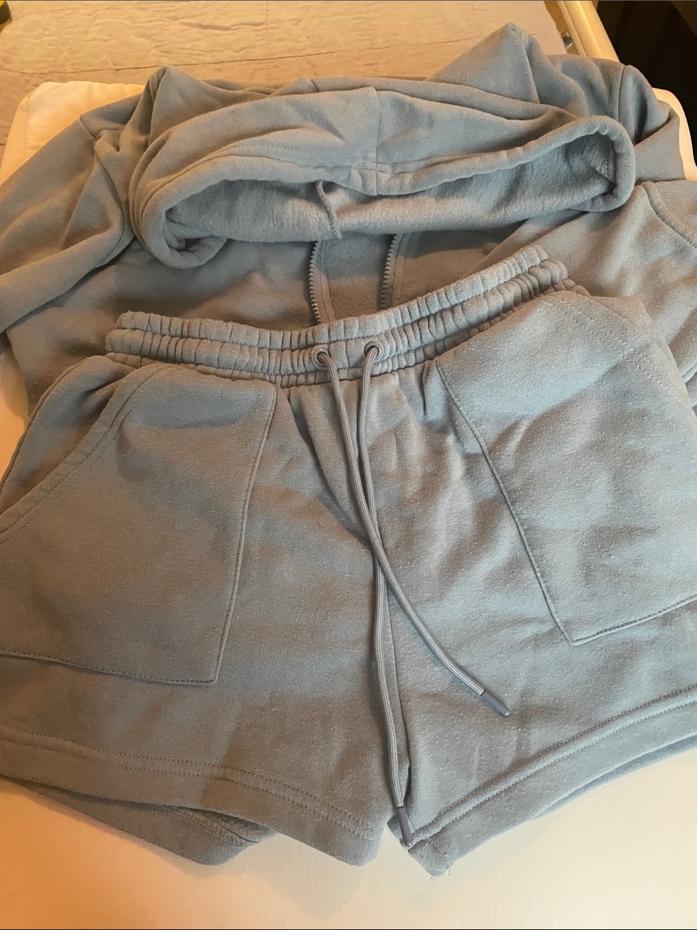 Women’s Light Blue Cozy Drawstring Shorts and zip hoodie